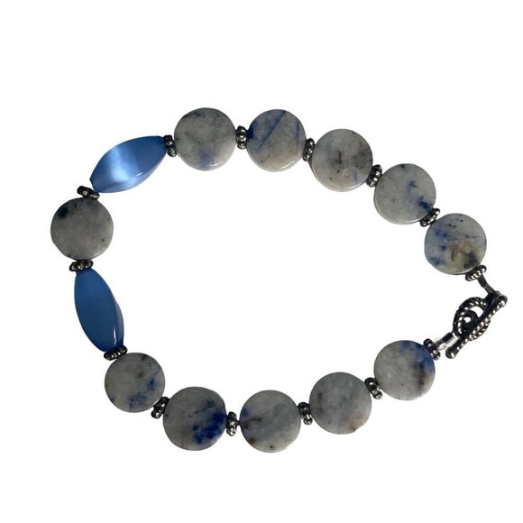 Beaded Bracelet With Marbled Blue Gray Disc Stones Silver Tone Toggle Clasp - Picture 6 of 7